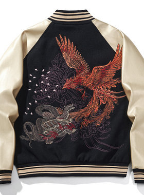 PU皮袖复古潮牌重工龙刺绣横须贺男士棉衣中国风青年国潮个性神兽