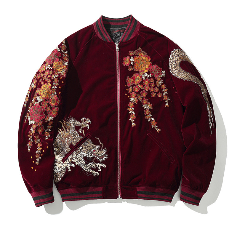 QUNLONG VELVETEEN EMBROIDERY 2024 YEAR OF THE DRAGON GOODS RED CHINESE STYLE PERSONALITY HEAVY MENS AND WOMENS COTTON JACKET BASEBALL UNIFORM