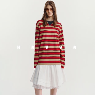 HAVVA美学拼色条纹长袖T恤宽松中长款女士上衣2026春季T3-4330