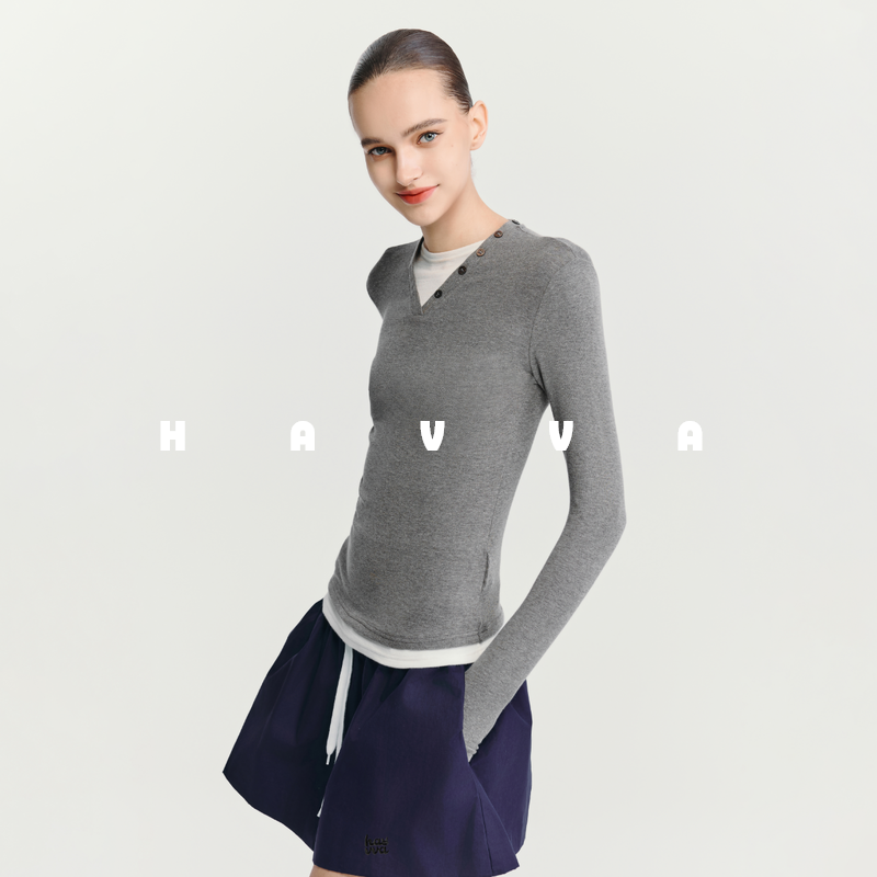 HAVVA超弹撞色假两件长袖T恤叠穿女士打底衫上衣2025秋冬T3-4508