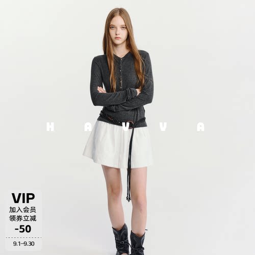 HAVVA半开襟修身显瘦长袖T恤舒适打底女士上衣2026秋季T3-5279