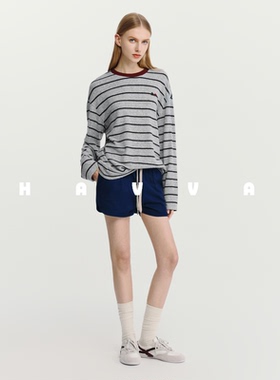 HAVVA经典条纹长袖T恤女慵懒感舒适弹力套头上衣2026春季T3-4544