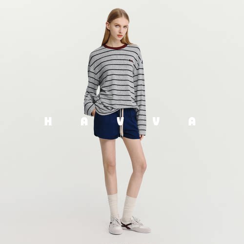 HAVVA经典条纹长袖T恤女慵懒感舒适弹力套头上衣2026春季T3-4544