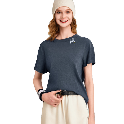 HAVVA松弛感柔软竹节肌理宽松刺绣短袖T恤女士上衣2026夏季T70052