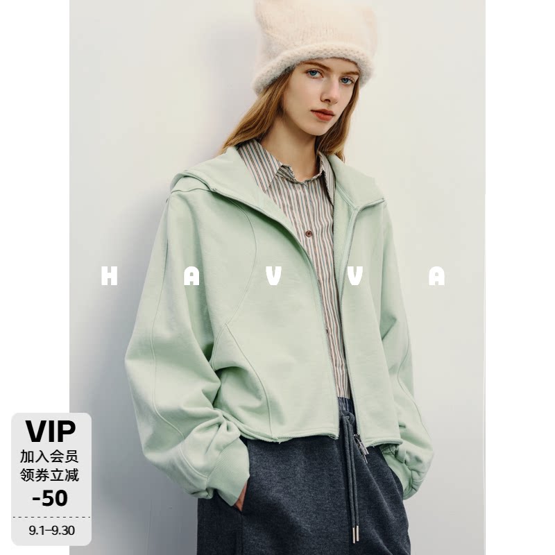 HAVVA短款下摆毛边卫衣外套图片