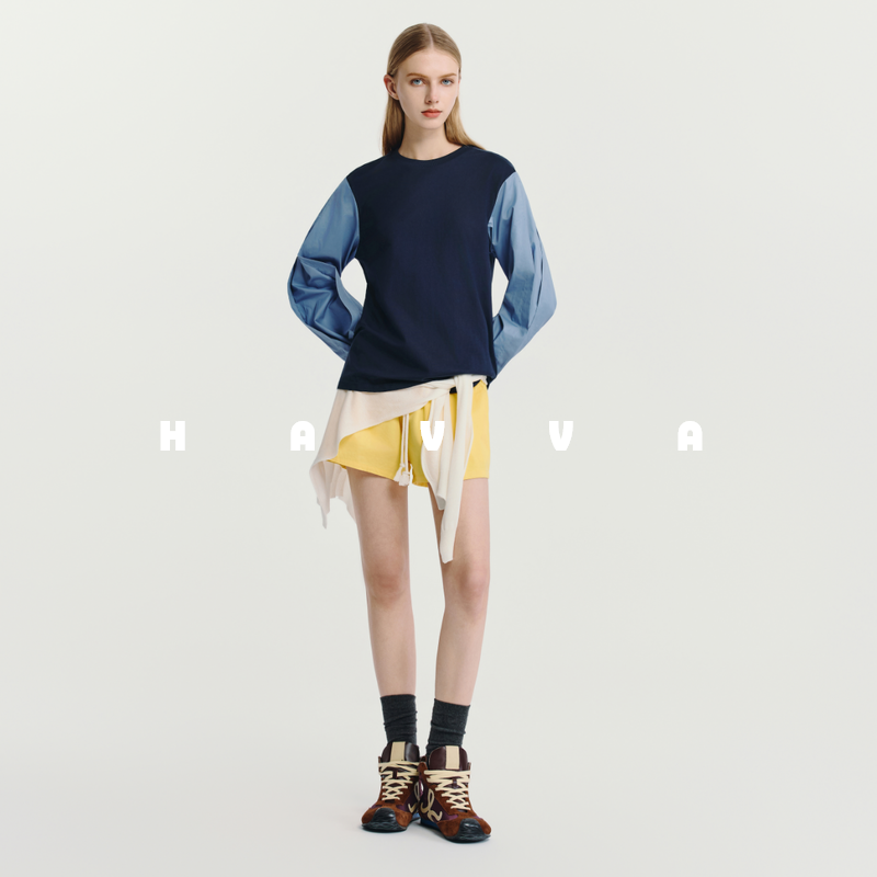 HAVVA解构撞色拼接袖卫衣精梳双股高支棉女士上衣2025秋冬V3-4532