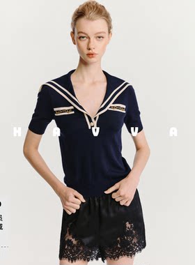 HAVVA海军领修身短袖针织衫