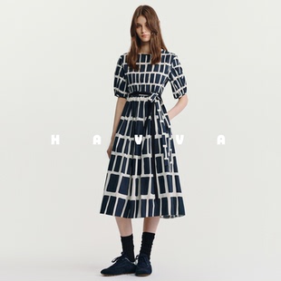系带收腰女士裙子2025夏季 3702 连衣裙中长款 HAVVA小众撞色短袖
