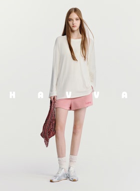 HAVVA慵懒感圆领长袖T恤舒适弹力透气女士上衣2026春季T3-4876