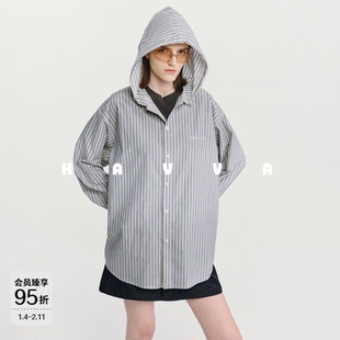 HAVVA廓形连帽条纹衬衫外套宽松长绒棉女士上衣2026年春季C3-4784