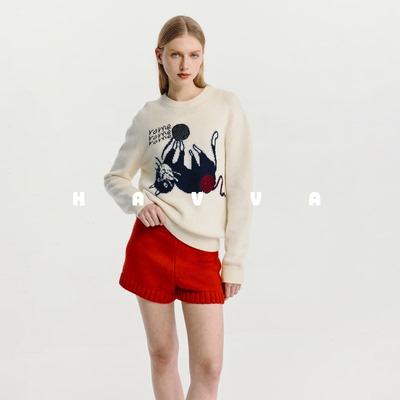 HAVVA松弛感减龄卡通提花圆领毛衣女保暖针织衫上衣2025冬M3-4364