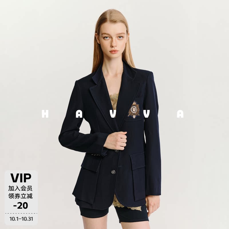 HAVVA学院风刺绣徽章西装立体大贴袋修身挺括外套2026秋季B90052