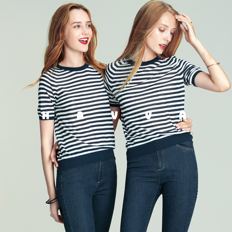 HAVVA经典条纹短袖针织衫透气弹力女士半袖上衣2026年春夏M40244,女装/女士精品,T恤,淘宝优惠券,粉丝福利购,淘宝优惠卷