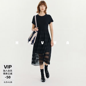 HAVVA天猫专供款松紧腰连衣裙短袖网纱拼接女士长裙2026夏Q48221