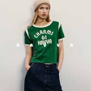 上衣2025夏T3 ins潮半袖 13270 T恤女短款 HAVVA休闲松弛感拼色短袖