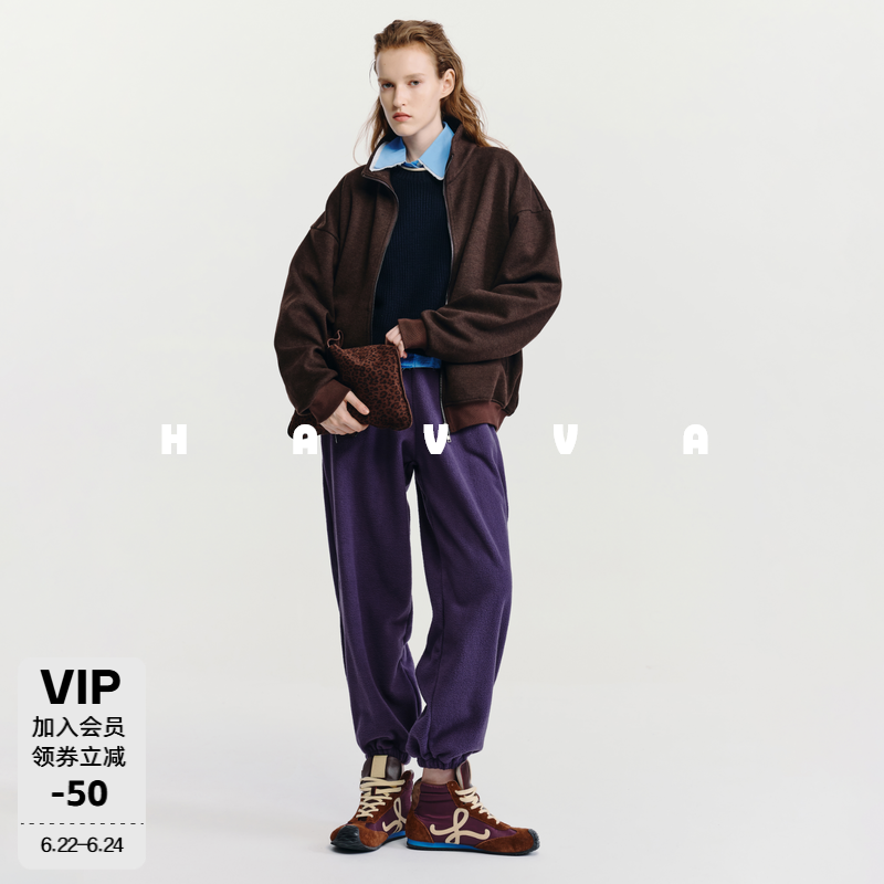 HAVVA双面摇粒绒束脚抽绳卫裤宽松舒适女休闲裤2025秋冬KX3-5111