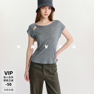 HAVVA镂空扭结圆领短袖T恤弹力舒适显瘦女士上衣2026夏季T3-3475
