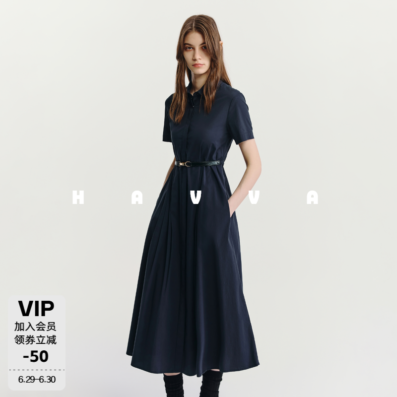 HAVVA衬衫式短袖翻领连衣裙中长款配腰带女士裙子2026夏季Q3-3693