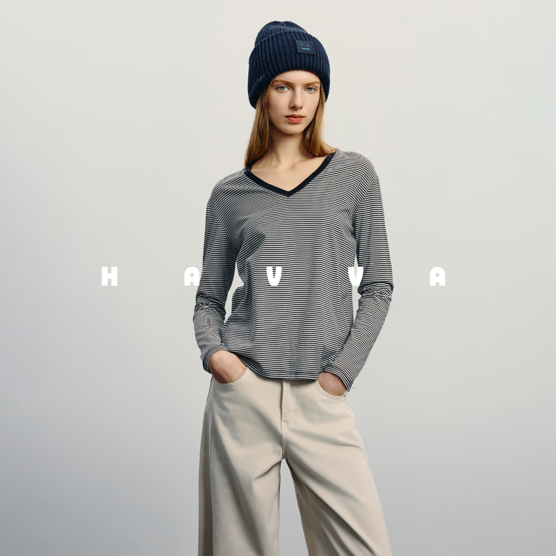 落肩条纹V领长袖T恤打底衫