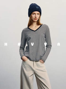 HAVVA宽松落肩V领条纹长袖T恤显瘦女士打底衫上衣2026春季T3-0967