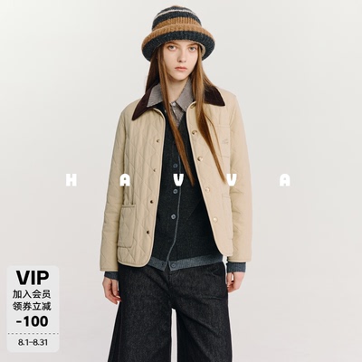 HAVVA撞色翻领菱格衍缝棉衣外套多口袋女休闲上衣2025秋冬A3-2553