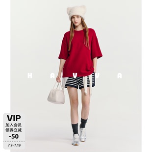 HAVVA绒感加绒加厚短袖T恤中长款宽松舒适女上衣2026秋季T3-5338