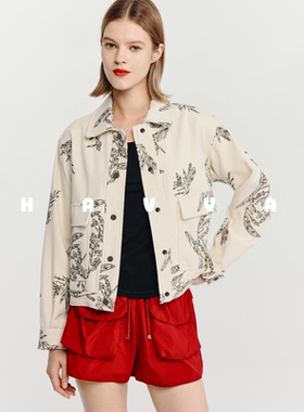 HAVVA设计感印花翻领短外套宽松休闲易搭女士上衣2026春季W3-4959