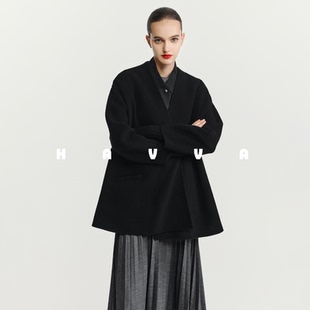 HAVVA慵懒惬意廓形羊毛精纺双面呢子大衣女毛呢外套2025冬N3 4101