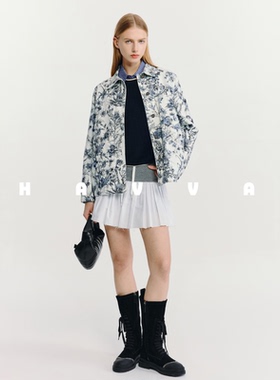 HAVVA设计感印花翻领外套短款休闲宽松女士上衣2026春季W3-4960