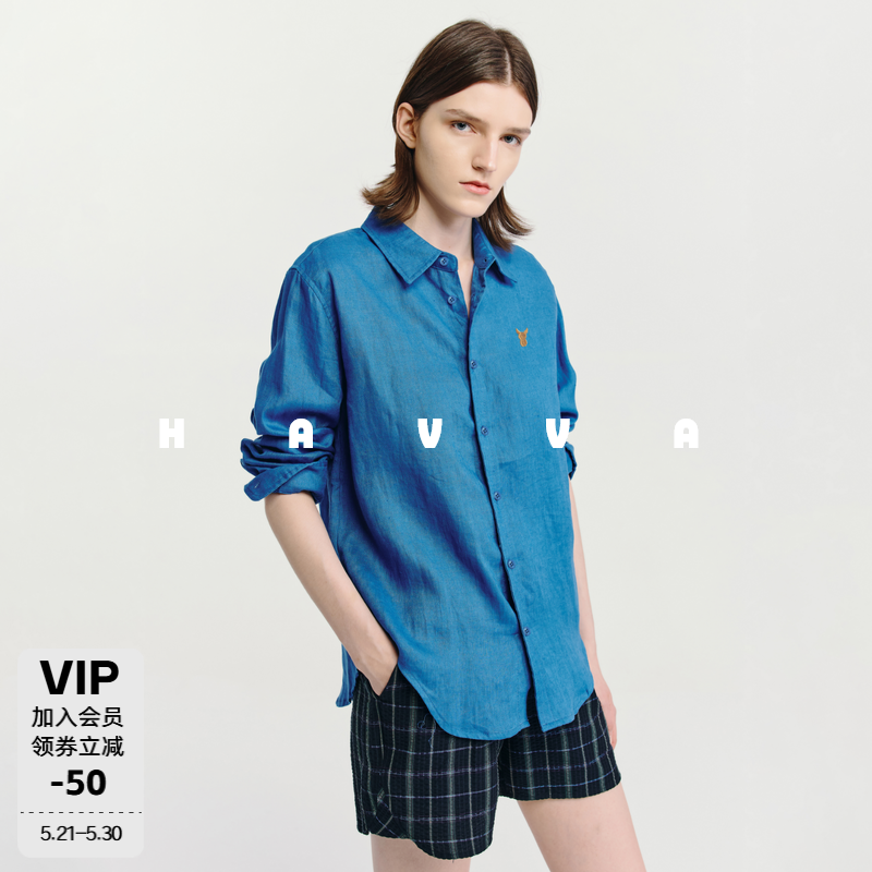 HAVVA亚麻翻领长袖衬衫单排扣宽松舒适女士衬衫2026春季C3-4863
