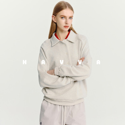 HAVVA设计感宽松翻领加绒加厚卫衣舒适质感女上衣2026春季V3-4644
