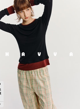 HAVVA撞色拼接假两件长袖T恤弹力舒适女士打底衫2026秋季T3-5309