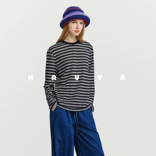 HAVVA显瘦条纹长袖T恤女可内搭可外穿打底衫上衣2026春季T3-4685