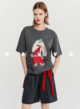 HAVVA设计感刺绣短袖T恤宽松休闲女士半袖上衣2026春夏季T3-1298