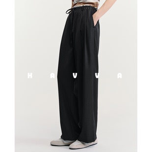 3815 2026春KX3 HAVVA显瘦阔腿休闲裤 女宽松舒适松紧腰抽绳直筒裤