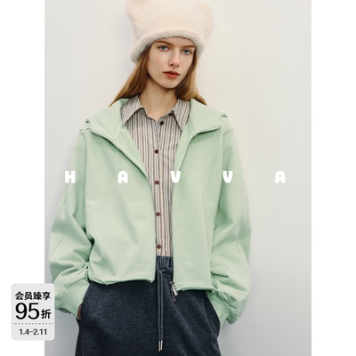 HAVVA双股精梳长绒棉质感连帽卫衣散边下摆女上衣2026春季W3-3754