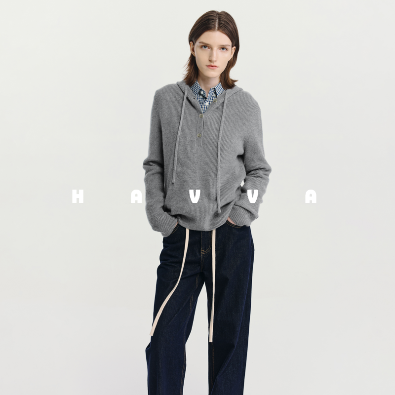 HAVVA慵懒松弛感连帽针织衫女保暖叠穿舒适套头毛衣2025冬M3-4562