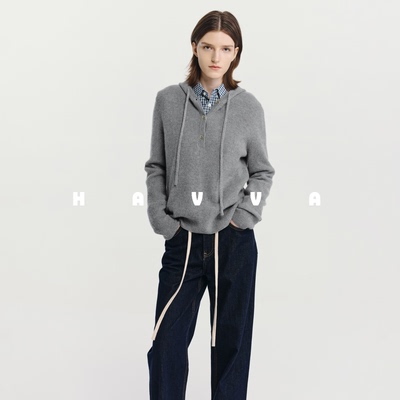 HAVVA慵懒松弛感连帽针织衫女保暖叠穿舒适套头毛衣2025冬M3-4562