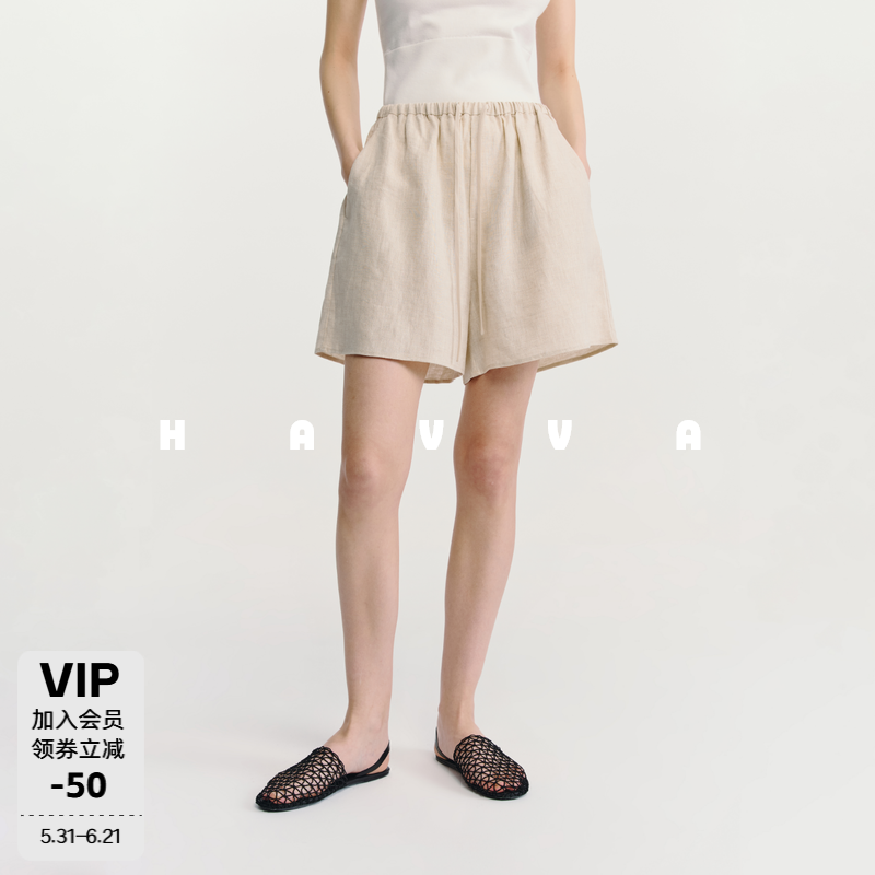 HAVVA莱赛尔亚麻抽绳松紧腰休闲短裤女士裤子2026夏季KD3-5989