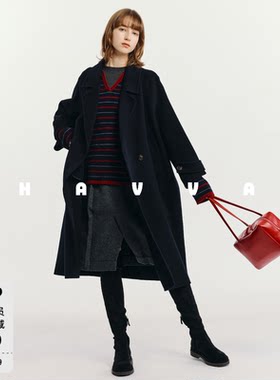 HAVVA摩登廓形中长双面呢100%绵羊毛大衣女士外套2025冬季N29140