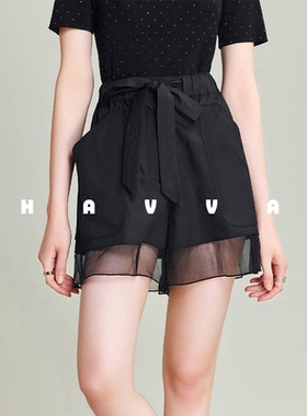 HAVVA松紧腰系带阔腿短裤下摆网纱拼接女士休闲裤2026夏季KD69021