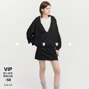 HAVVA假两件宽松连帽撞色外套抽绳调节下摆女上衣2026春季 5437