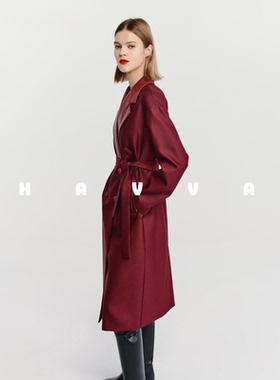 HAVVA高级感拼接双排扣直筒风衣女中长系腰带外套2026春季F3-4915