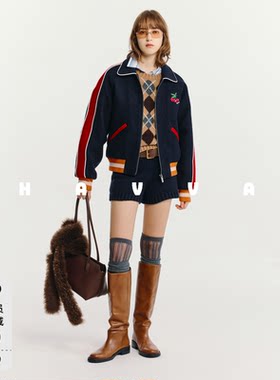 HAVVA撞色加厚夹棉毛呢外套宽松挺括绣花图案上衣2025冬季N3-0650