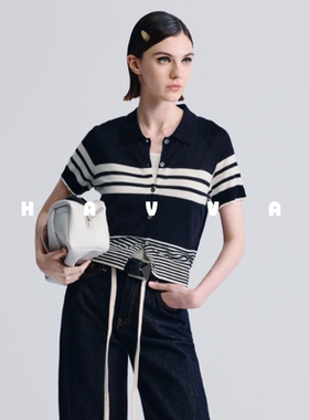 HAVVA拼色条纹翻领短袖针织衫弹力透气女士上衣2026夏季L3-34260