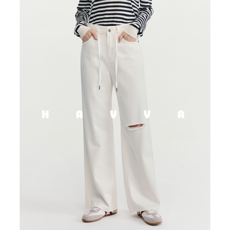 HAVVA抽绳设计遮胯显瘦阔腿裤设计感破洞女士裤装2026春KN3-5539,女装/女士精品,休闲裤,淘宝优惠券,粉丝福利购,淘宝优惠卷