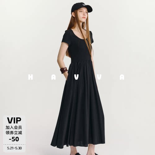 HAVVA短袖拼接百褶大摆连衣裙中长款A版女士裙子2026夏季Q3-2320