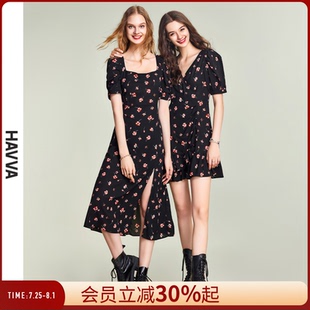 方領(lǐng)黑色碎花連衣裙女開叉顯瘦通勤垂感裙子2025夏Q2100 HAVVA法式