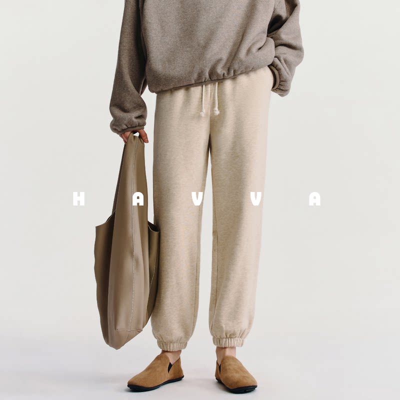 HAVVA运动休闲束脚加绒加厚卫裤女抽绳设计裤子2025冬KX3-3786