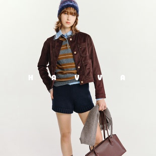 HAVVA廓形圆领短款夹克外套设计感单排扣女士上衣2025冬季P3-0051